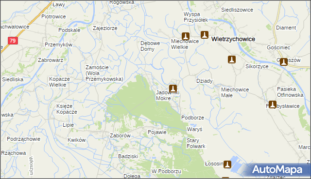 mapa Jadowniki Mokre gmina Wietrzychowice, Jadowniki Mokre gmina Wietrzychowice na mapie Targeo