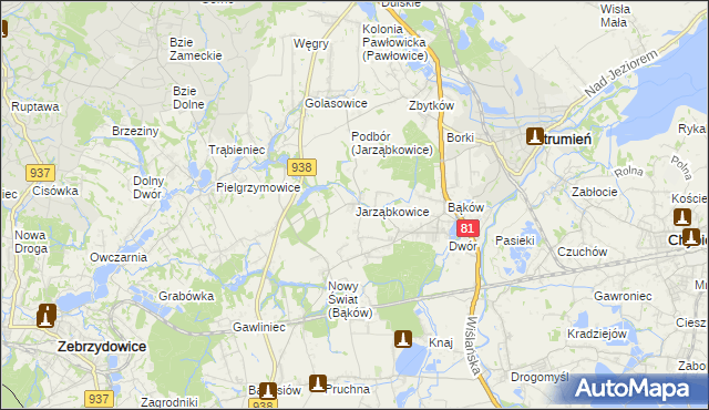 mapa Jarząbkowice gmina Pawłowice, Jarząbkowice gmina Pawłowice na mapie Targeo