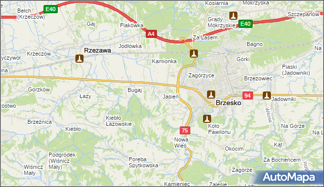 mapa Jasień gmina Brzesko, Jasień gmina Brzesko na mapie Targeo