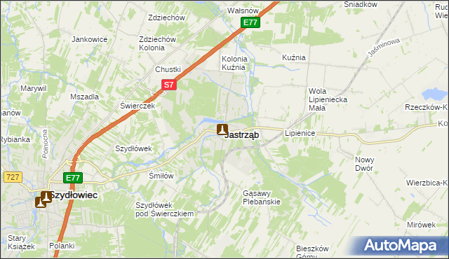 mapa Jastrząb powiat szydłowiecki, Jastrząb powiat szydłowiecki na mapie Targeo