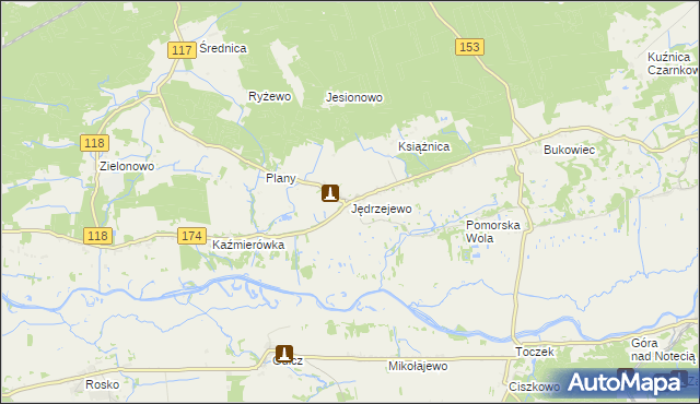 mapa Jędrzejewo gmina Czarnków, Jędrzejewo gmina Czarnków na mapie Targeo