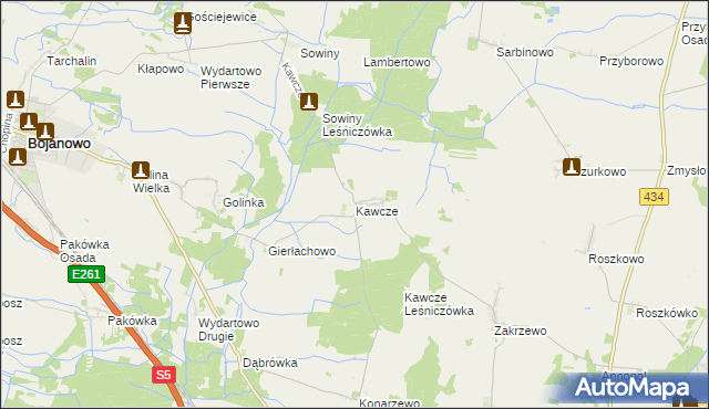 mapa Kawcze gmina Bojanowo, Kawcze gmina Bojanowo na mapie Targeo
