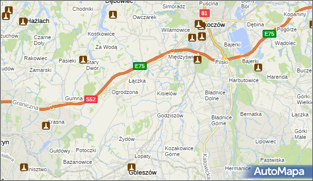 mapa Kisielów gmina Goleszów, Kisielów gmina Goleszów na mapie Targeo