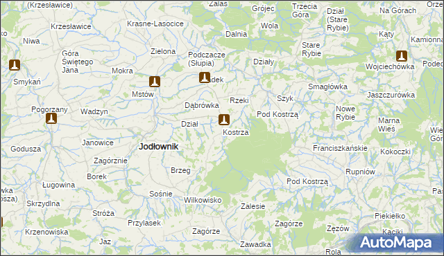mapa Kostrza gmina Jodłownik, Kostrza gmina Jodłownik na mapie Targeo