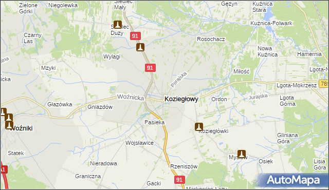 mapa Koziegłowy powiat myszkowski, Koziegłowy powiat myszkowski na mapie Targeo