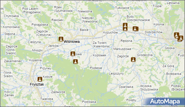 mapa Kozłówek gmina Wiśniowa, Kozłówek gmina Wiśniowa na mapie Targeo