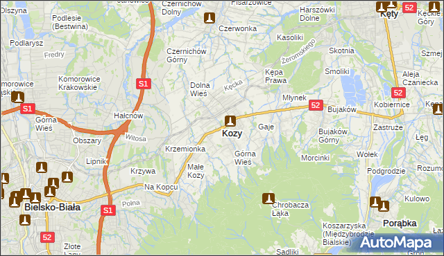 mapa Kozy powiat bielski, Kozy powiat bielski na mapie Targeo