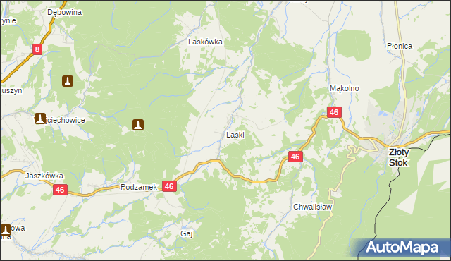 mapa Laski gmina Złoty Stok, Laski gmina Złoty Stok na mapie Targeo