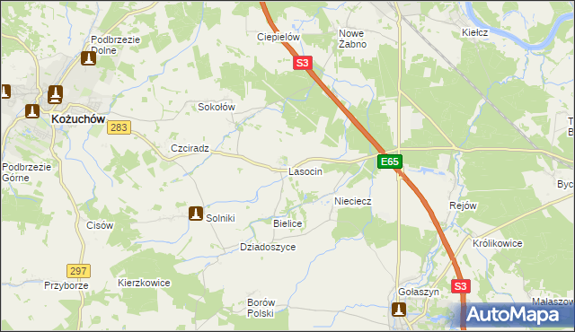 mapa Lasocin gmina Kożuchów, Lasocin gmina Kożuchów na mapie Targeo