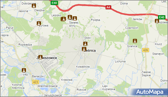 mapa Leśnica powiat strzelecki, Leśnica powiat strzelecki na mapie Targeo