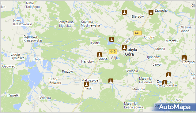 mapa Ligota gmina Kobyla Góra, Ligota gmina Kobyla Góra na mapie Targeo