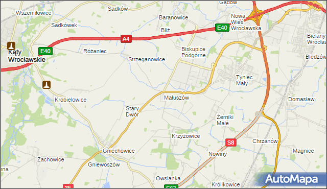 mapa Małuszów gmina Kobierzyce, Małuszów gmina Kobierzyce na mapie Targeo