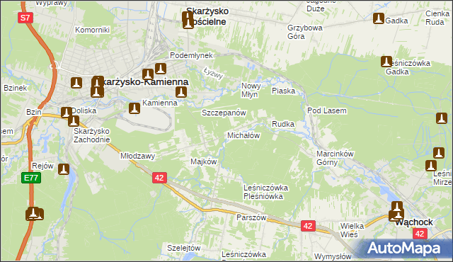 mapa Michałów gmina Skarżysko Kościelne, Michałów gmina Skarżysko Kościelne na mapie Targeo