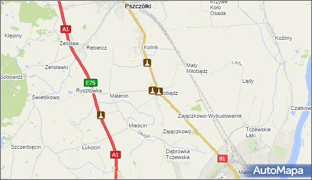 mapa Miłobądz gmina Tczew, Miłobądz gmina Tczew na mapie Targeo