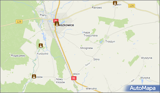 mapa Mirogniew gmina Mieszkowice, Mirogniew gmina Mieszkowice na mapie Targeo