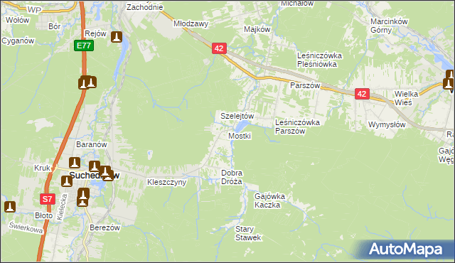 mapa Mostki gmina Suchedniów, Mostki gmina Suchedniów na mapie Targeo