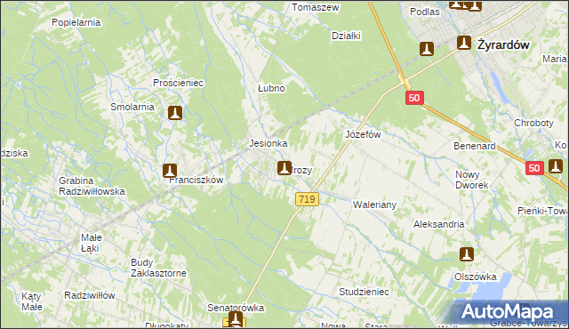 mapa Mrozy gmina Puszcza Mariańska, Mrozy gmina Puszcza Mariańska na mapie Targeo