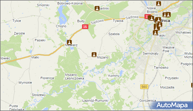 mapa Mszano gmina Brodnica, Mszano gmina Brodnica na mapie Targeo
