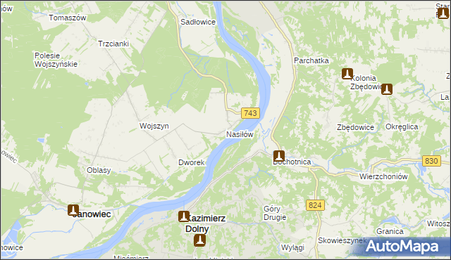 mapa Nasiłów gmina Janowiec, Nasiłów gmina Janowiec na mapie Targeo