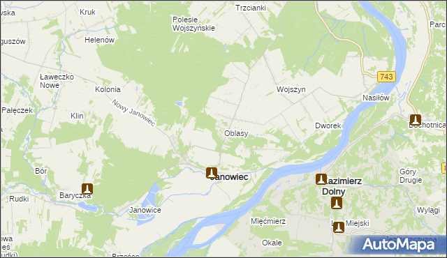 mapa Oblasy gmina Janowiec, Oblasy gmina Janowiec na mapie Targeo