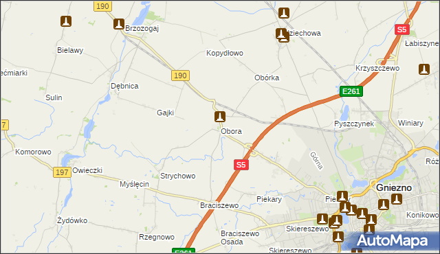 mapa Obora gmina Gniezno, Obora gmina Gniezno na mapie Targeo