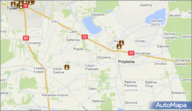 mapa Olszówka gmina Przykona, Olszówka gmina Przykona na mapie Targeo