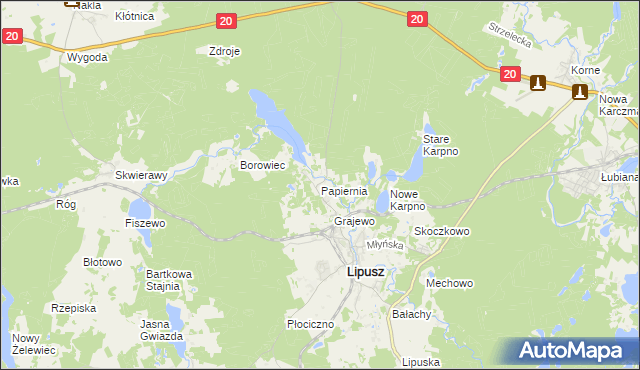 mapa Papiernia gmina Lipusz, Papiernia gmina Lipusz na mapie Targeo