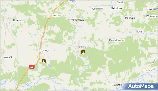 mapa Pawły gmina Zabłudów, Pawły gmina Zabłudów na mapie Targeo