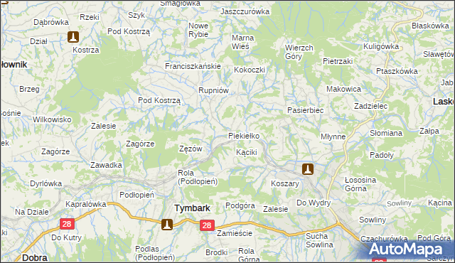 mapa Piekiełko gmina Tymbark, Piekiełko gmina Tymbark na mapie Targeo
