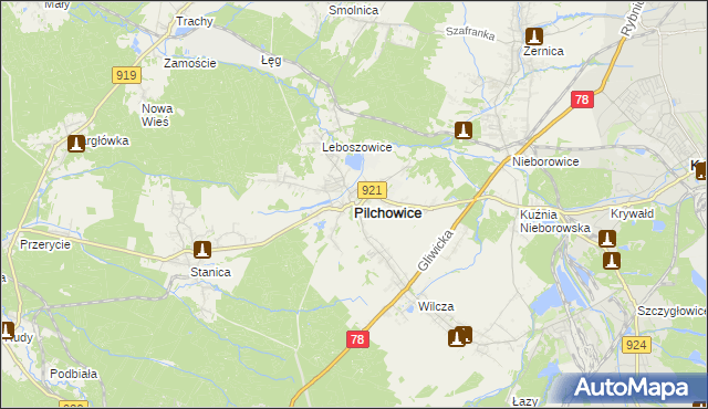 mapa Pilchowice powiat gliwicki, Pilchowice powiat gliwicki na mapie Targeo