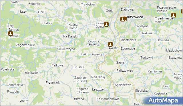 mapa Pławna gmina Ciężkowice, Pławna gmina Ciężkowice na mapie Targeo