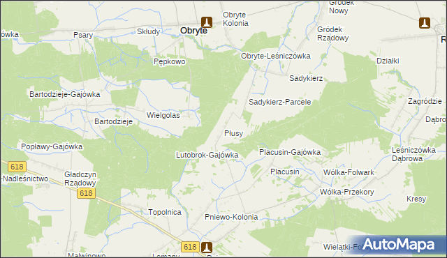 mapa Płusy gmina Obryte, Płusy gmina Obryte na mapie Targeo