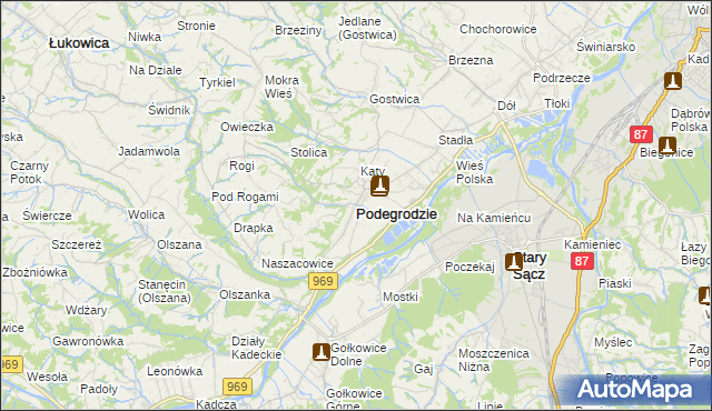 mapa Podegrodzie powiat nowosądecki, Podegrodzie powiat nowosądecki na mapie Targeo