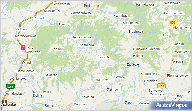mapa Podszkle gmina Czarny Dunajec, Podszkle gmina Czarny Dunajec na mapie Targeo
