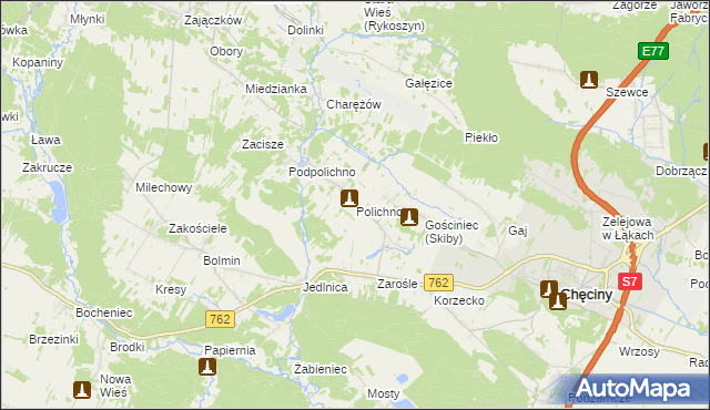 mapa Polichno gmina Chęciny, Polichno gmina Chęciny na mapie Targeo