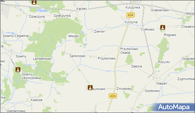 mapa Przyborowo gmina Krobia, Przyborowo gmina Krobia na mapie Targeo