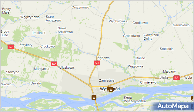 mapa Rębowo gmina Wyszogród, Rębowo gmina Wyszogród na mapie Targeo