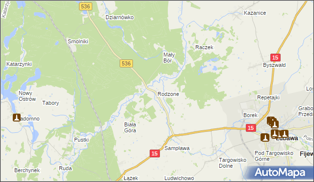 mapa Rodzone gmina Lubawa, Rodzone gmina Lubawa na mapie Targeo