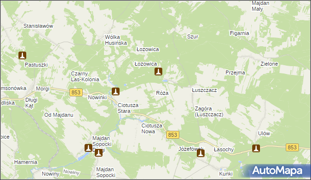 mapa Róża gmina Susiec, Róża gmina Susiec na mapie Targeo