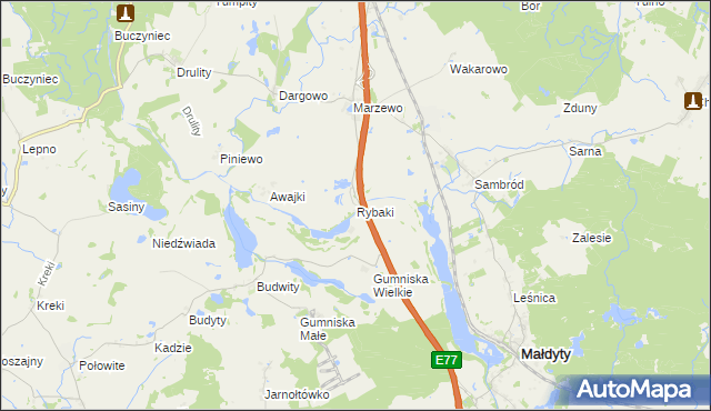 mapa Rybaki gmina Małdyty, Rybaki gmina Małdyty na mapie Targeo