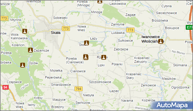 mapa Rzeplin gmina Skała, Rzeplin gmina Skała na mapie Targeo