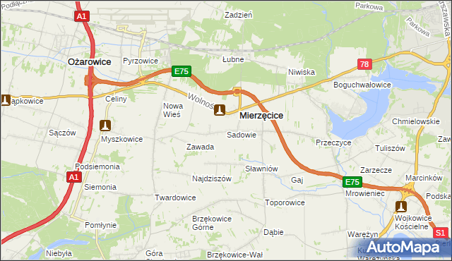 mapa Sadowie gmina Mierzęcice, Sadowie gmina Mierzęcice na mapie Targeo