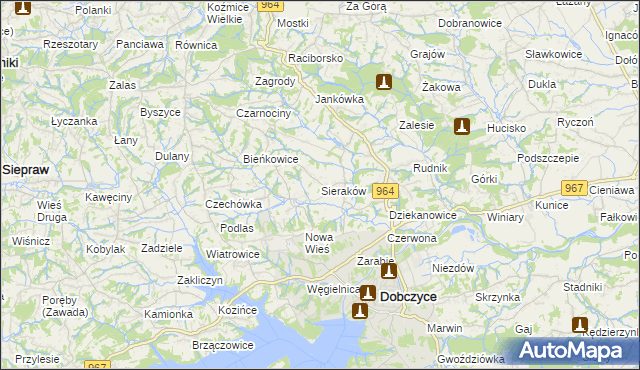 mapa Sieraków gmina Dobczyce, Sieraków gmina Dobczyce na mapie Targeo
