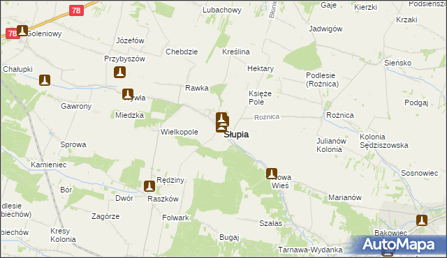 mapa Słupia powiat jędrzejowski, Słupia powiat jędrzejowski na mapie Targeo