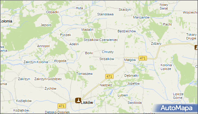mapa Strzałków gmina Lisków, Strzałków gmina Lisków na mapie Targeo