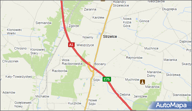 mapa Strzelce Kolonia gmina Strzelce, Strzelce Kolonia gmina Strzelce na mapie Targeo