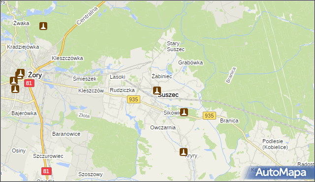 mapa Suszec powiat pszczyński, Suszec powiat pszczyński na mapie Targeo