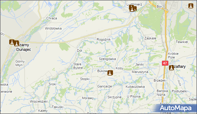 mapa Szeligówka gmina Czarny Dunajec, Szeligówka gmina Czarny Dunajec na mapie Targeo