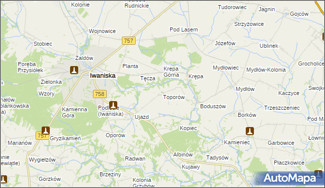 mapa Toporów gmina Iwaniska, Toporów gmina Iwaniska na mapie Targeo