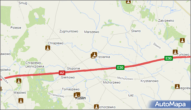 mapa Trzcianka gmina Kuślin, Trzcianka gmina Kuślin na mapie Targeo